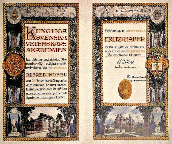 In 1918, Fritz Haber, who was born to a Prussian Jewish family, was awarded the Nobel Prize in Chemistry. Nobel Prize Diploma-Fritz Haber