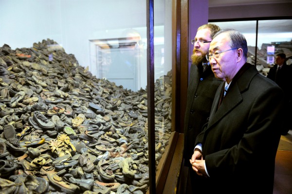 Ban Ki-Moon examines the mounds of shoes that belonged to Holocaust victims at the Auschwitz-Birkenau Memorial and Museum. Ban Ki-Moon-mounds of shoes-Auschwitz-Birkenau Memorial -Piotr M.A. Cywiński-State Museum