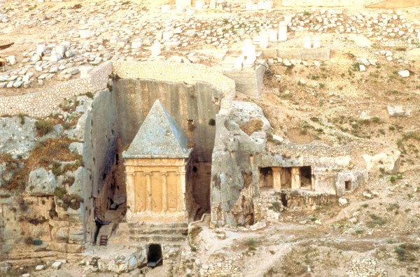 Some contend that this tomb cut out of the rock at the foot of the Mount of Olives is the tomb of Zechariah. Tomb Zechariah Mount of Olives cemetery monolith Benei Hezir Kidron Valley