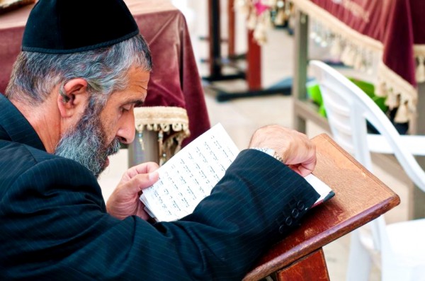 An Orthodox Jewish man prays using a Siddur (Jewish prayer book) Orthodox-man-prays-Kotel-Siddur