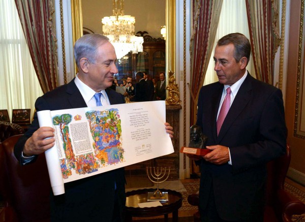Prime Minister Benjamin Netanyahu presents House Speaker John Boehner with a scroll of the Book of Esther. Boehner presents him with a bust of Winston Churchill because Churchill and Netanyahu are the only foreign leaders who have addressed Congress three separate times. (GPO photo by Amos Ben Gershom) Prime Minister Benjamin Netanyahu presents House Speaker John Boehner with a scroll of the Book of Esther. Boehner presents him with a bust of Winston Churchill because Churchill and Netanyahu are the only foreign leaders who have addressed Congress three separate times. (GPO photo by Amos Ben Gershom)
