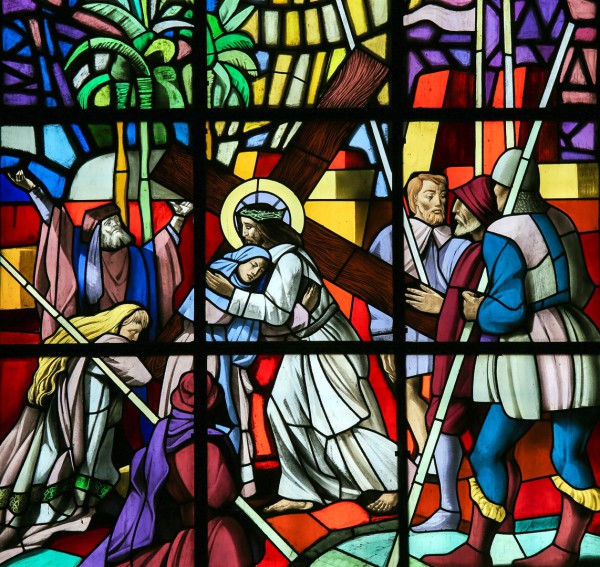 Yeshua-carries-the-execution-stake-stained-glass Execution Stake, Good Friday, death